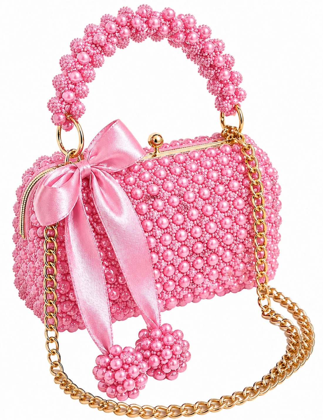 Ivory Pearl Luxury Handbag - Pearl & TickIvory Pearl Luxury HandbagHandbagsPearl & TickPearl & TickIVORY-PNKPinkPink beaded handbag with a bow and gold chain on a white background