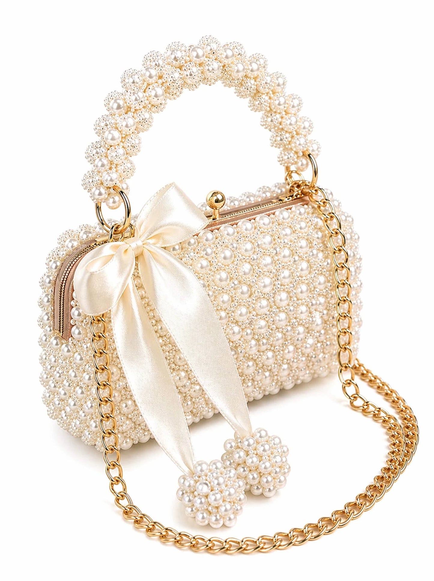 Ivory Pearl Luxury Handbag - Pearl & TickIvory Pearl Luxury HandbagHandbagsPearl & TickPearl & TickIVORY-WHTWhiteElegant beaded handbag featuring a pearl handle and gold chain strap on a clean white background.