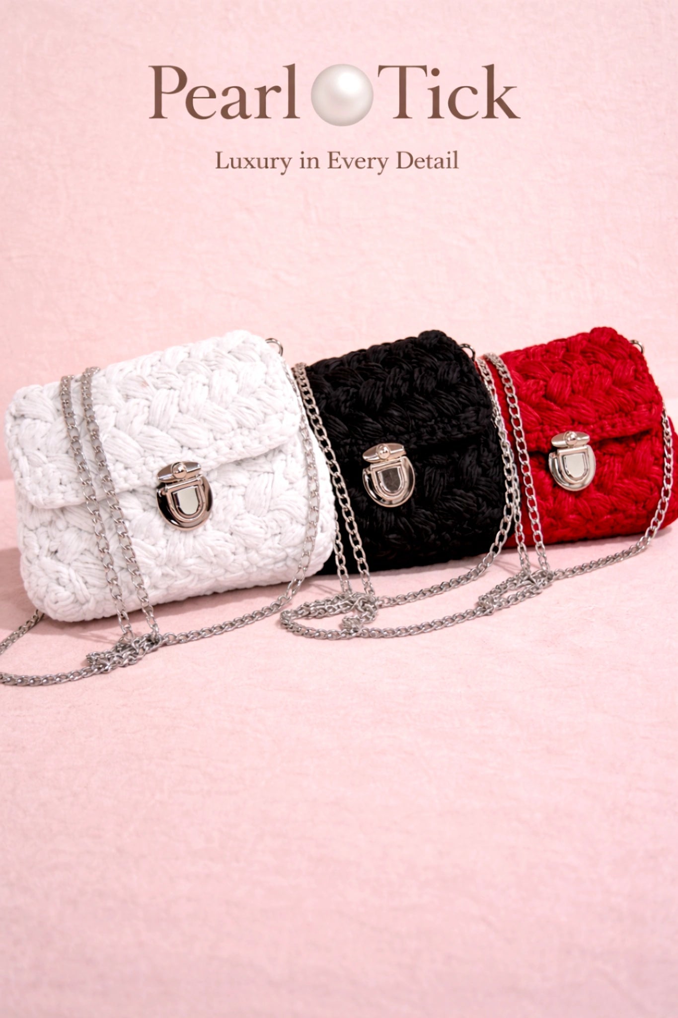 Lilac Luna Bag - Pearl & TickLilac Luna BagHandbagsPearl & TickPearl & TickLILAC-BLKBlackThree handbags in white, black, and red on a pink background with 'Pearl Tick' branding.