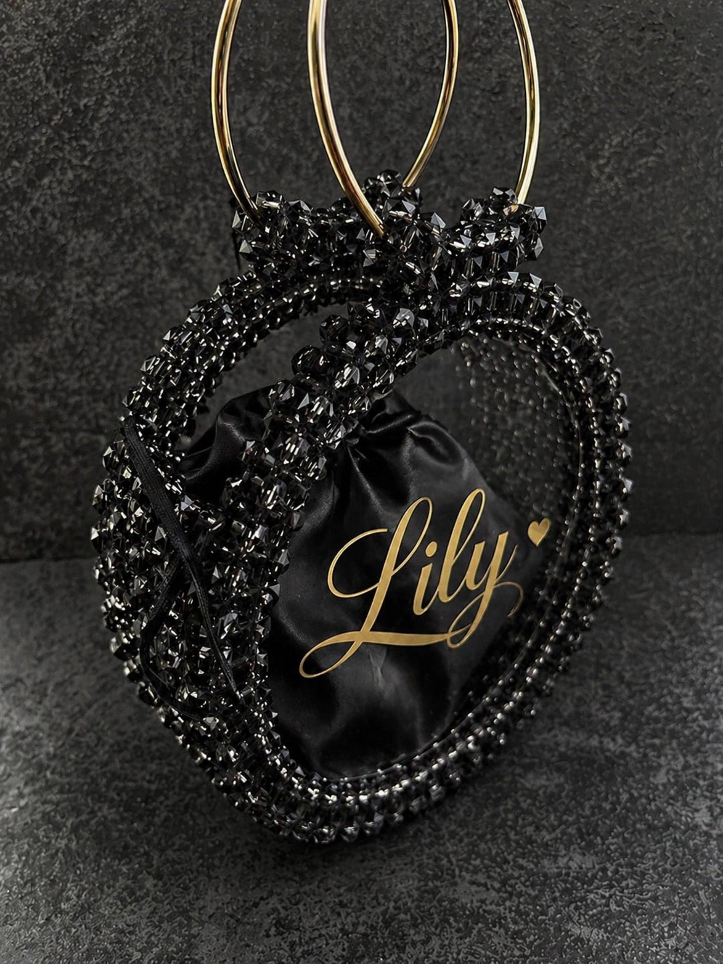 Lily Pearl Heart Bag by Pearl & Tick — personalized crystal beaded handbag in a timeless elegant black heart design.
