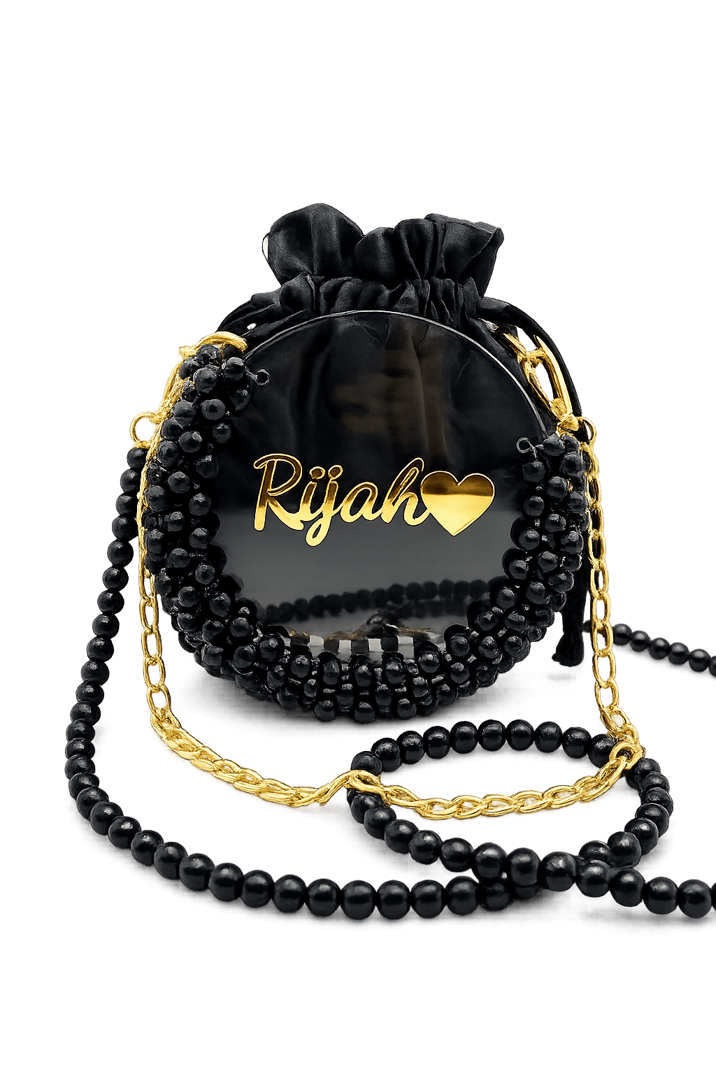 Black drawstring bag with gold chain and 'Rijah' branding on a white background