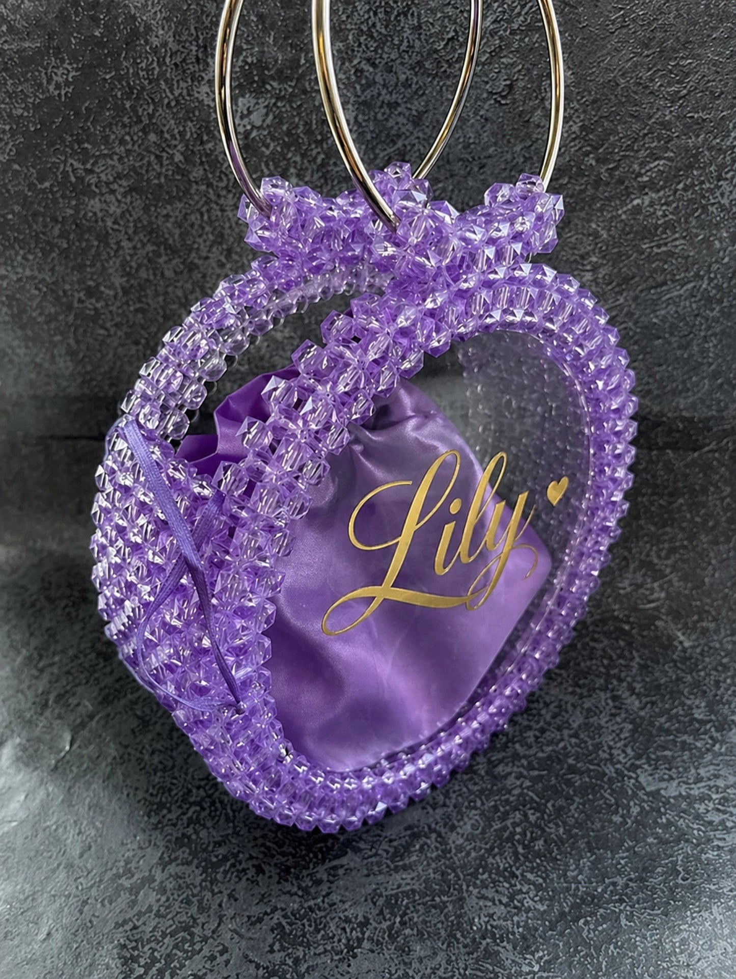 Lily Pearl Heart Bag by Pearl & Tick — personalized crystal beaded handbag in elegant lavender purple heart style.