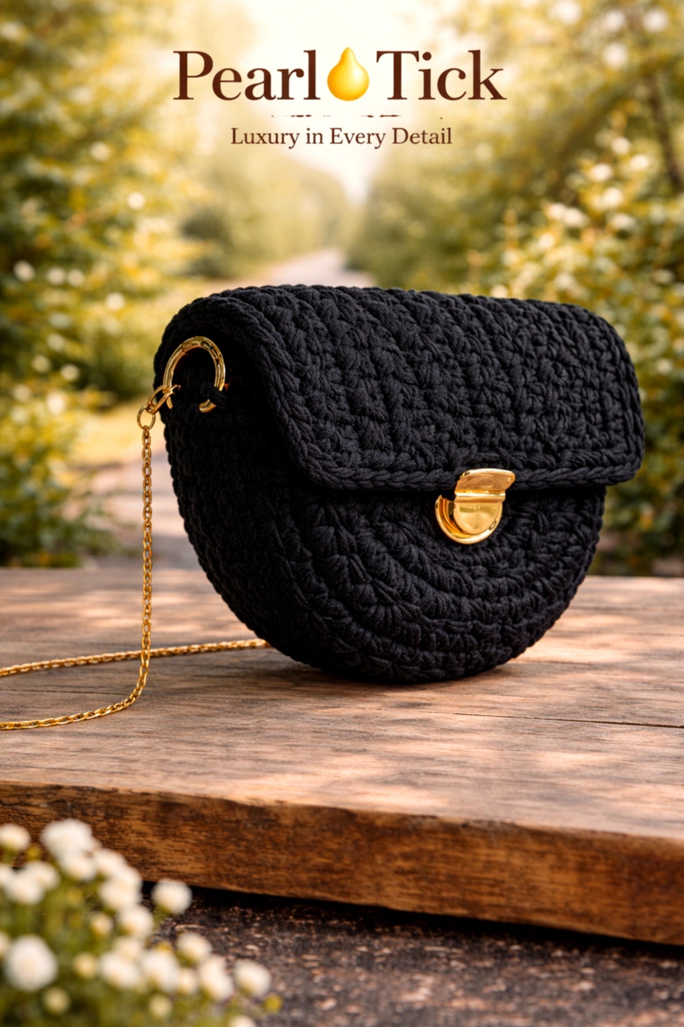 Luna Crescent Bag - Pearl & TickLuna Crescent BagHandbagsPearl & TickPearl & TickLUNA-BLKBlackBlack crochet handbag with gold accents on a wooden surface, blurred greenery in the background.