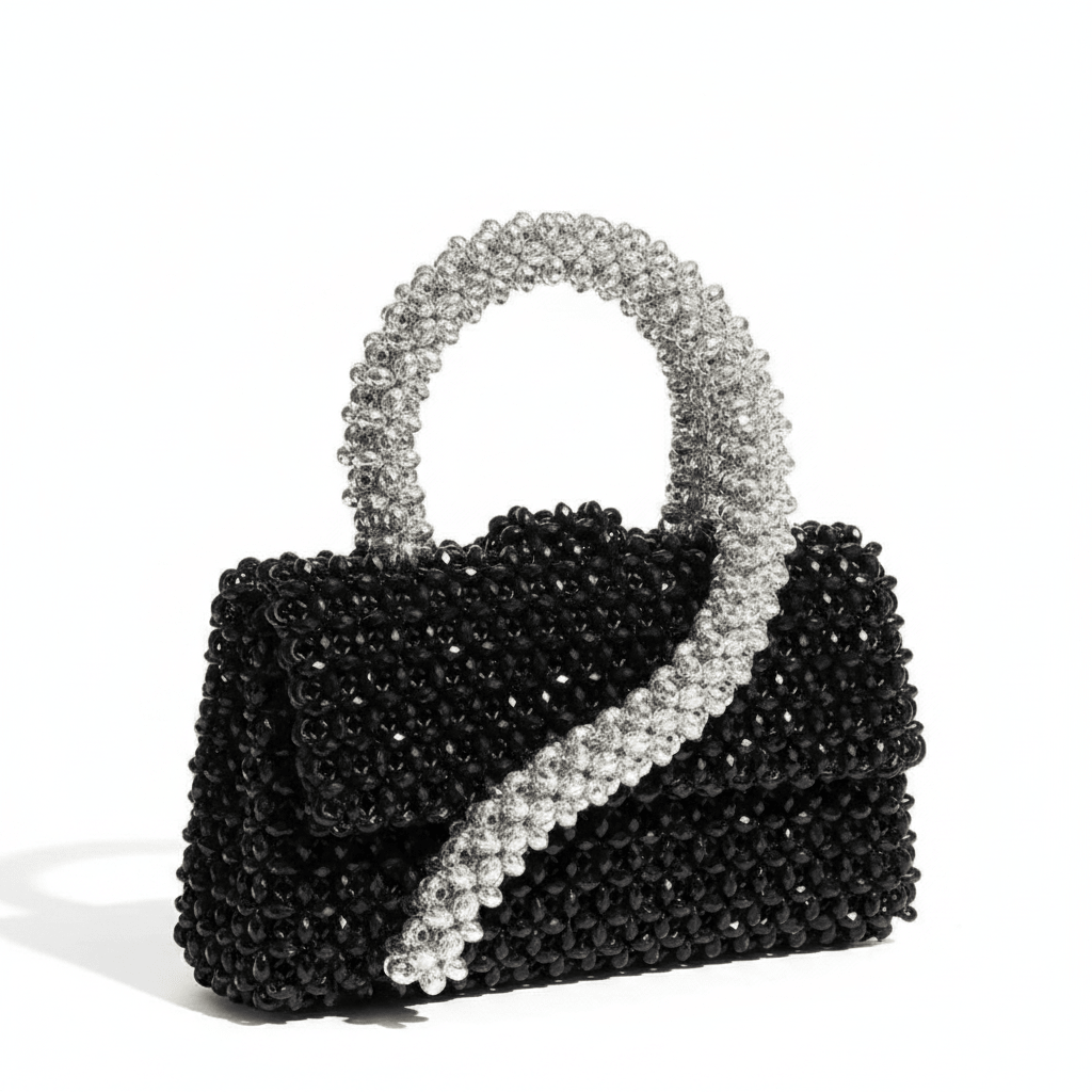 Obsidian Pearl Bag by Pearl & Tick — luxury black crystal beaded handbag with elegant silver crystal handles.