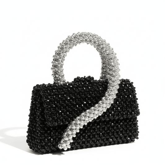 Obsidian Pearl Bag by Pearl & Tick — luxury black crystal beaded handbag with elegant silver crystal handles.