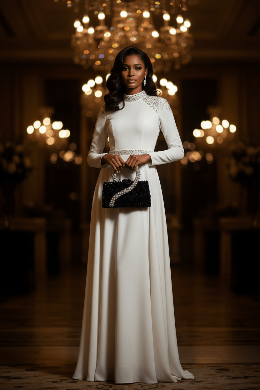 Obsidian Pearl Bag by Pearl & Tick — luxury black beaded handbag styled with elegance for glamorous evening looks.