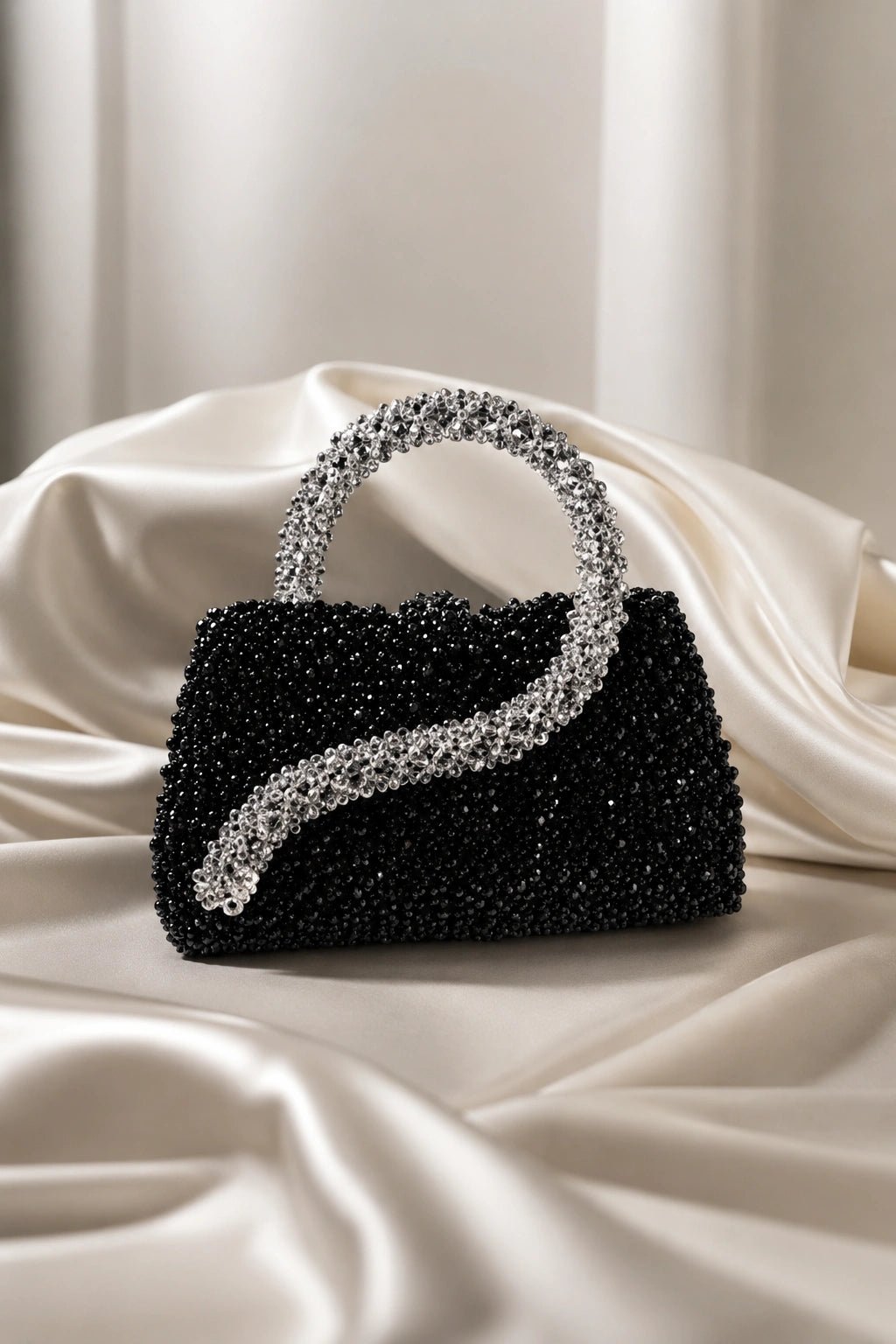 Obsidian Pearl Bag by Pearl & Tick — luxury black crystal beaded handbag with elegant silver crystal handles.