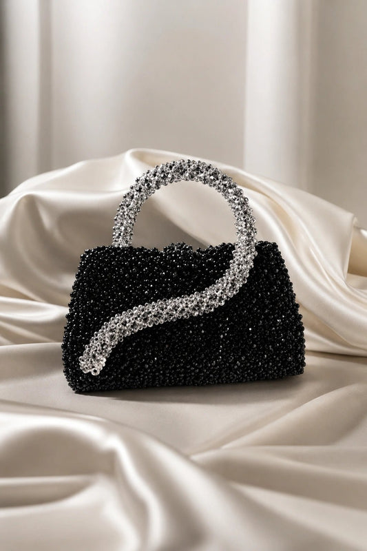 Obsidian Pearl Bag by Pearl & Tick — luxury black crystal beaded handbag with elegant silver crystal handles.