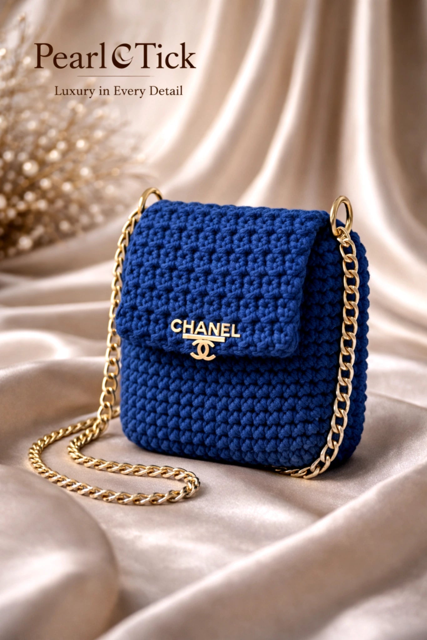 Opal Mini Bag - Pearl & TickOpal Mini BagHandbagPearl & TickPearl & TickOPAL-BLUBlueBlue handbag with gold chain and Chanel logo on a beige fabric background