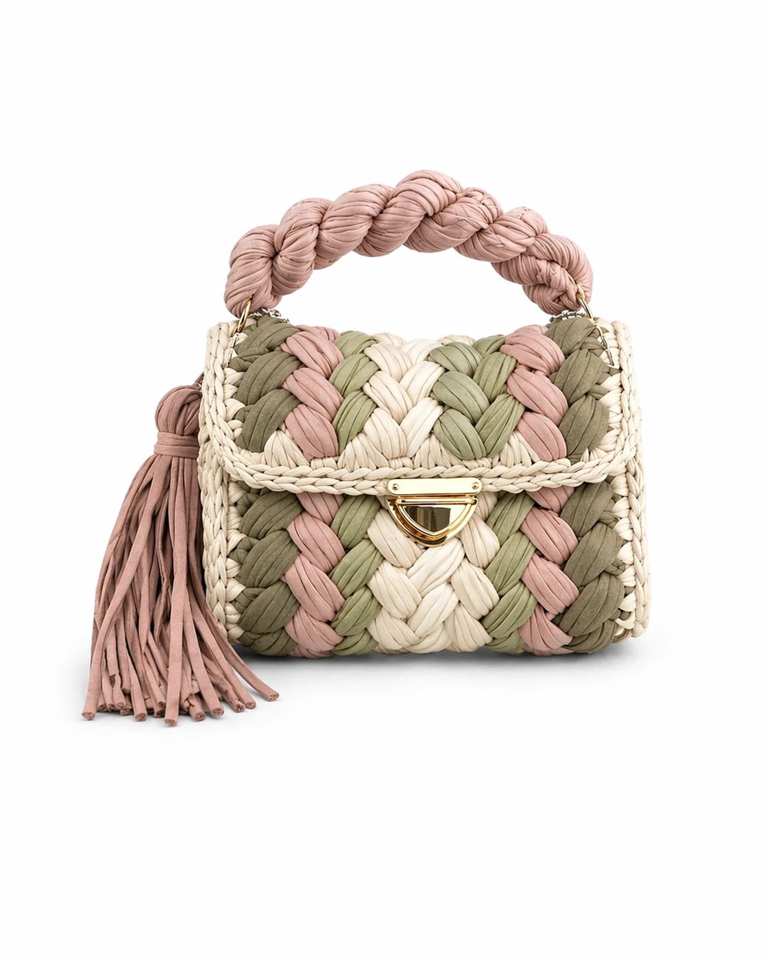 Pastel Dream Woven Handbag - Pearl & TickPastel Dream Woven HandbagHandbagsPearl & TickPearl & TickPASTEL-OLVolive greenPremium woven handbag with a braided handle and signature tassel, designed for effortless elegance on a clean white background.