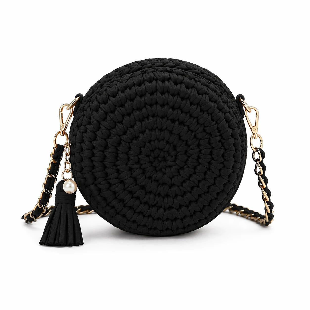 Pearl Signature Round Bag - Pearl & TickPearl Signature Round BagHandbagsPearl & TickPearl & TickPROUND-BLKBlackElegant black round woven crochet bag with gold chain strap and tassel detail on a white background, stylish handmade crossbody bag for women.
