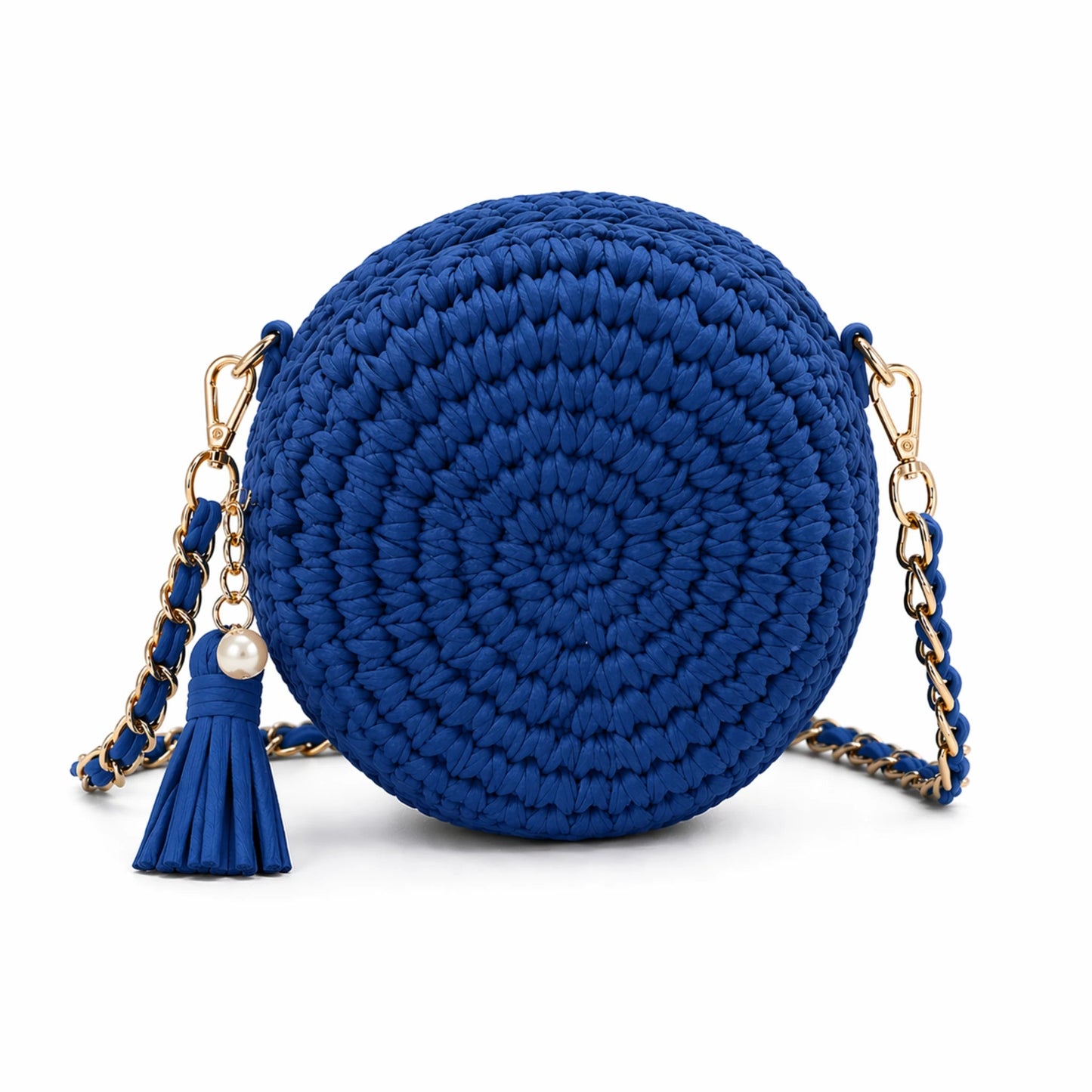 Pearl Signature Round Bag - Pearl & TickPearl Signature Round BagHandbagsPearl & TickPearl & TickPROUND-BLUBlueElegant blue woven crochet round bag with gold chain and tassel detail on a white background, trendy handmade crossbody handbag for women, chic fashion style.