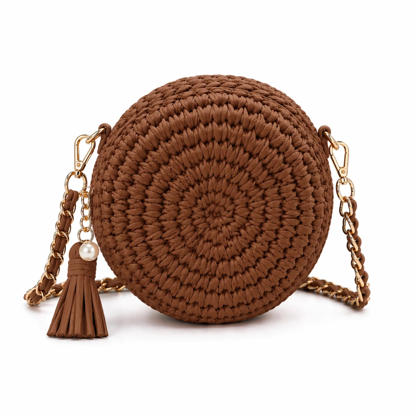 Pearl Signature Round Bag - Pearl & TickPearl Signature Round BagHandbagsPearl & TickPearl & TickPROUND-BRNBrownElegant brown woven crochet round bag with chain strap and tassel detail on a white background, stylish handmade crossbody handbag for women, chic fashion style.