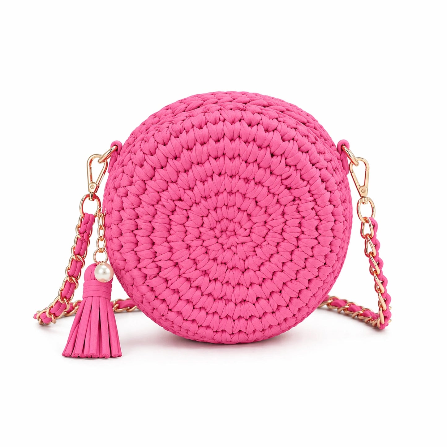 Pearl Signature Round Bag - Pearl & TickPearl Signature Round BagHandbagsPearl & TickPearl & TickPROUND-PNKPinkElegant pink woven crochet round bag with tassel detail on a white background, trendy handmade crossbody handbag for women, chic fashion style.