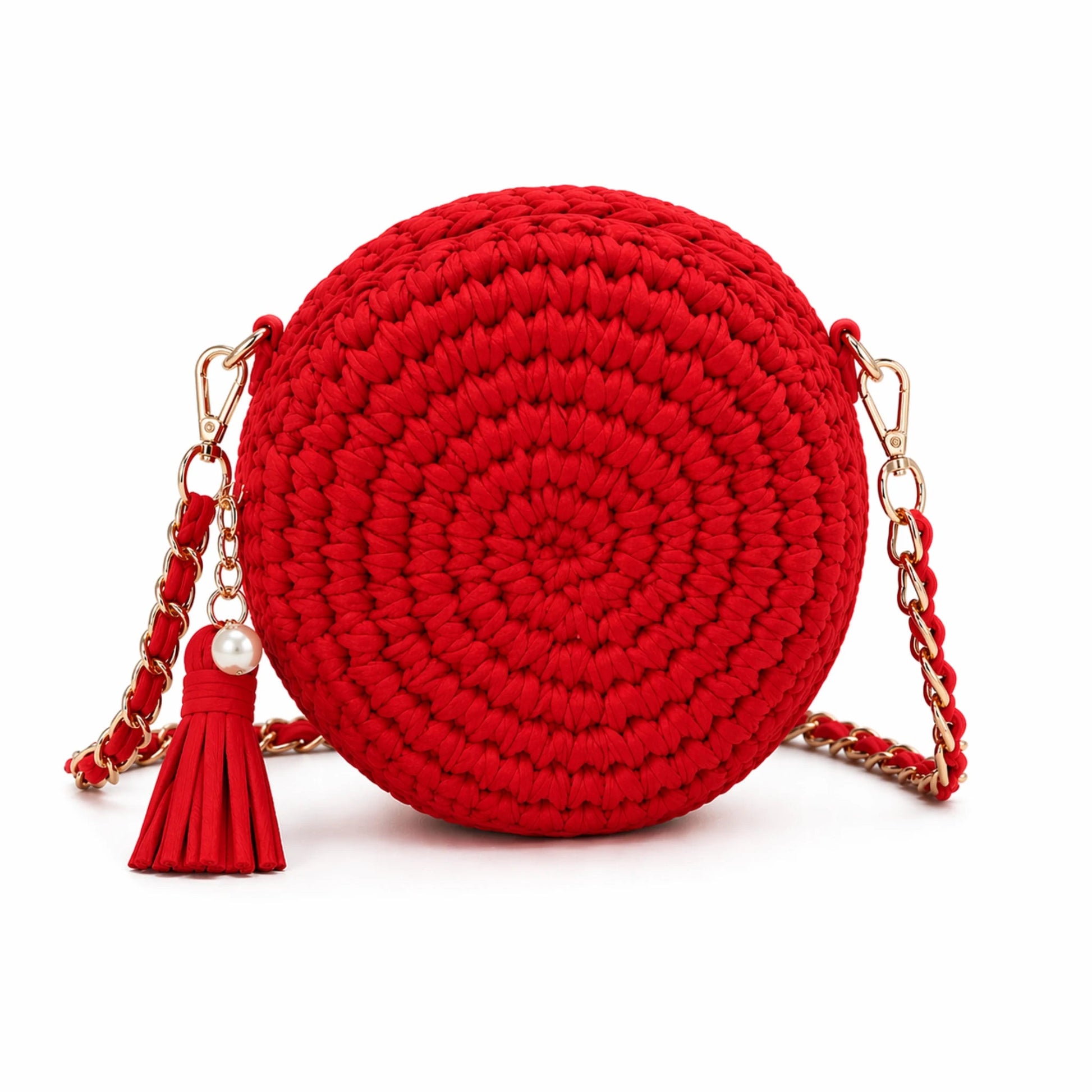 Pearl Signature Round Bag - Pearl & TickPearl Signature Round BagHandbagsPearl & TickPearl & TickPROUND-REDRedElegant red woven crochet round bag with tassel detail on a white background, trendy handmade crossbody handbag for women, chic fashion style.