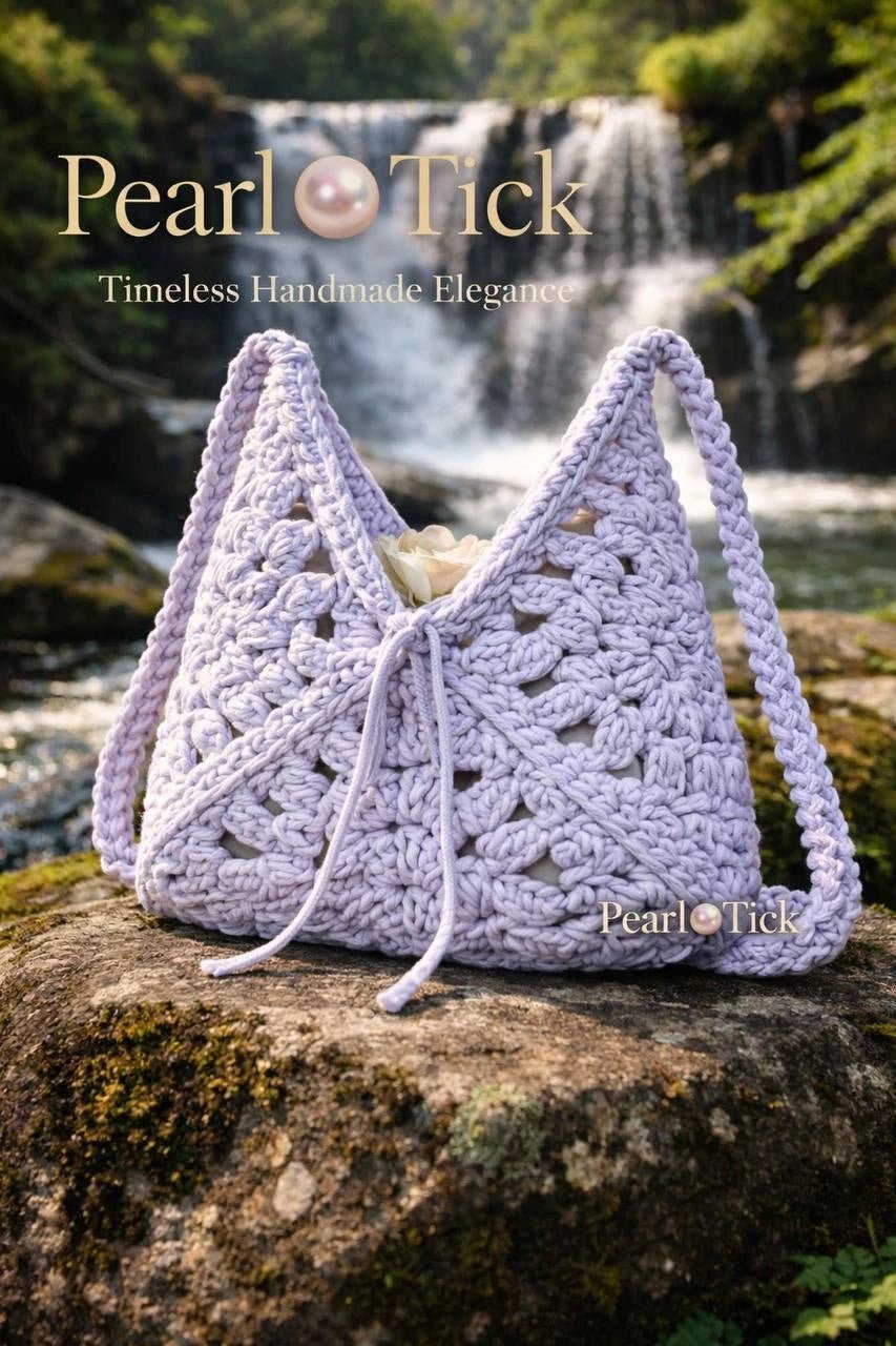 Pearl Signature - Pearl & TickPearl SignatureHandbagPearl & TickPearl & TickPSIG-SLVSilverHandmade crochet bag by Pearl Tick on a rock with a waterfall in the background