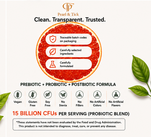 Pearl & Tick product description with a grapefruit graphic and health benefits listed.