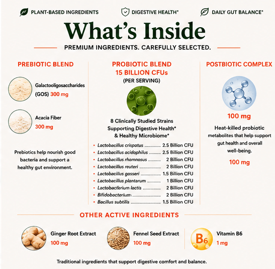 Product label detailing ingredients and benefits of a digestive health supplement.