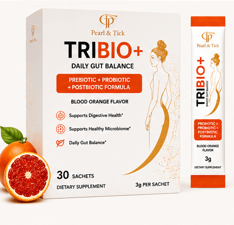 Pearl & Tick TRIBIO+ supplement packaging with blood orange flavor on a white background