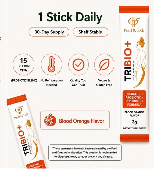 TRIBIO+ supplement sticks with branding and product details on a white background