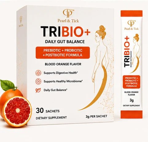 Pearl & Tick TRIBIO+ supplement packaging with blood orange flavor on a white background