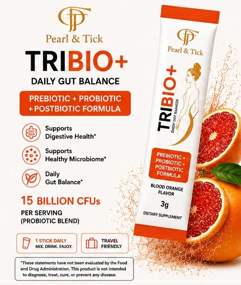 Pearl & Tick TRIBIO+ supplement packaging with grapefruit and product details on a white background