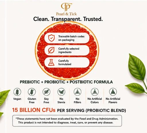 Pearl & Tick product description with a grapefruit graphic and health benefits listed.