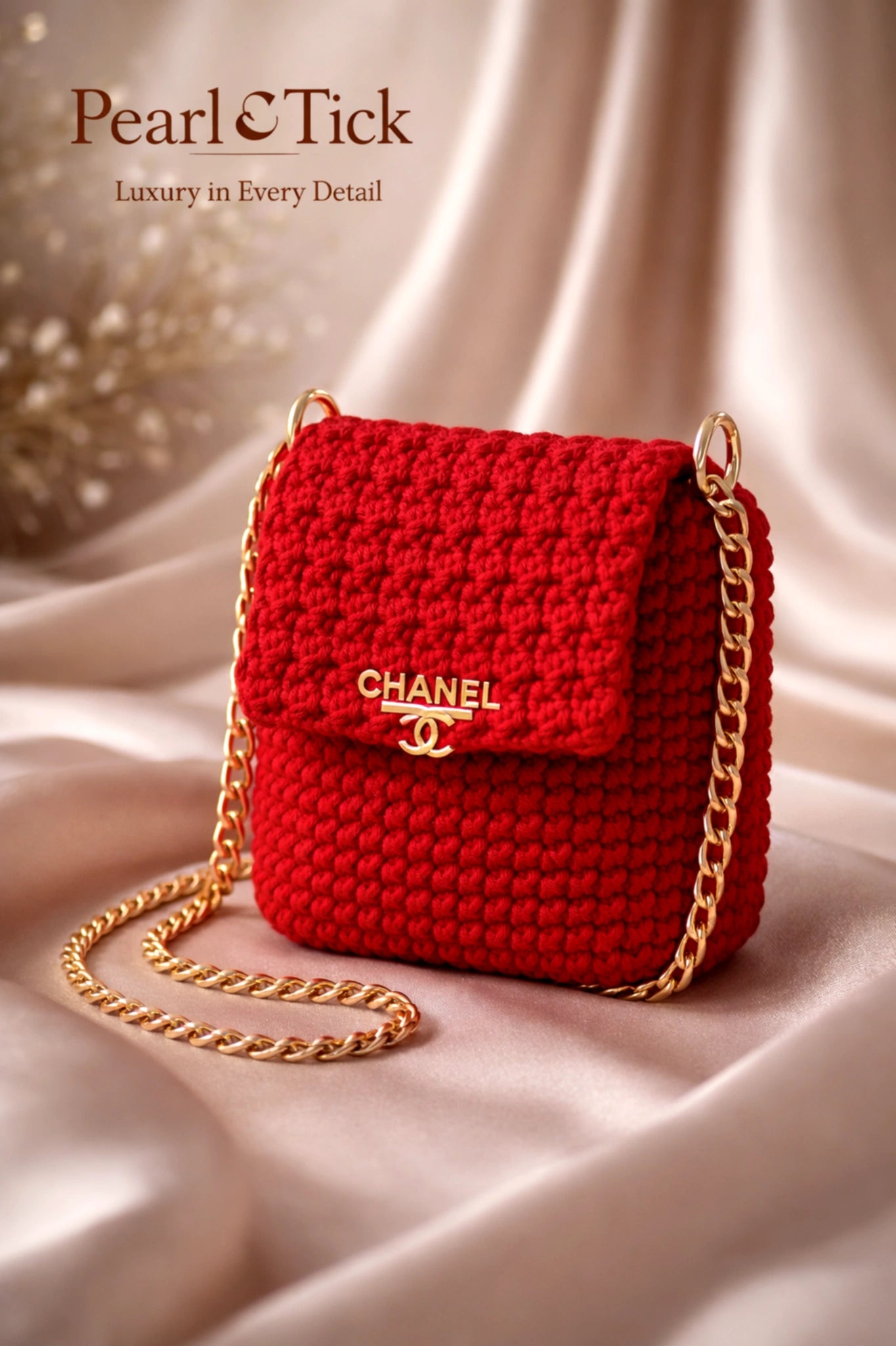 Borsa rossa con catena dorata e logo Chanel su fondo in tessuto beige, con marchio «Pearl & Tick».