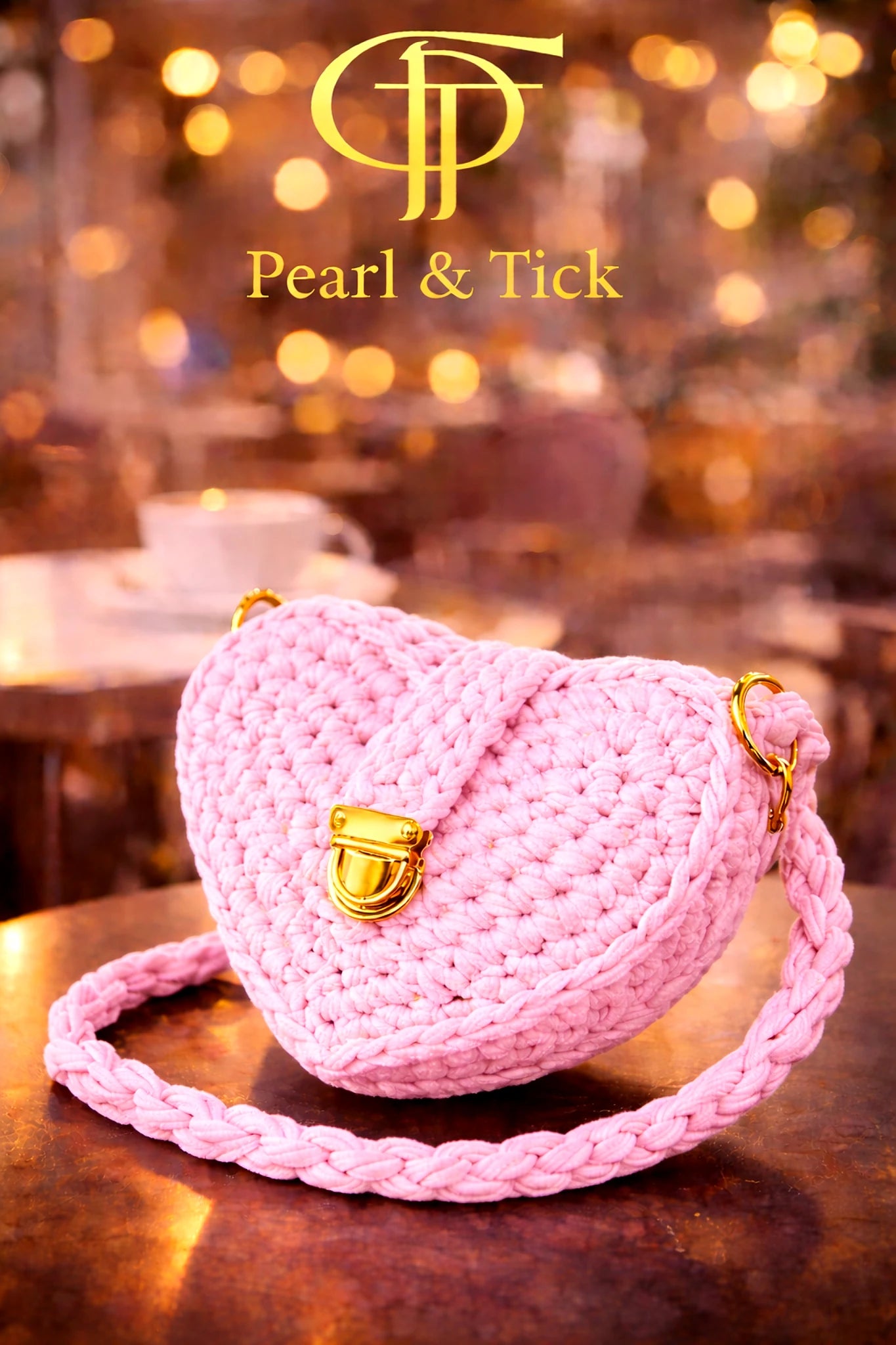 Borsa intrecciata rosa con chiusura dorata su uno sfondo sfocato con il marchio 'Pearl & Tick'.