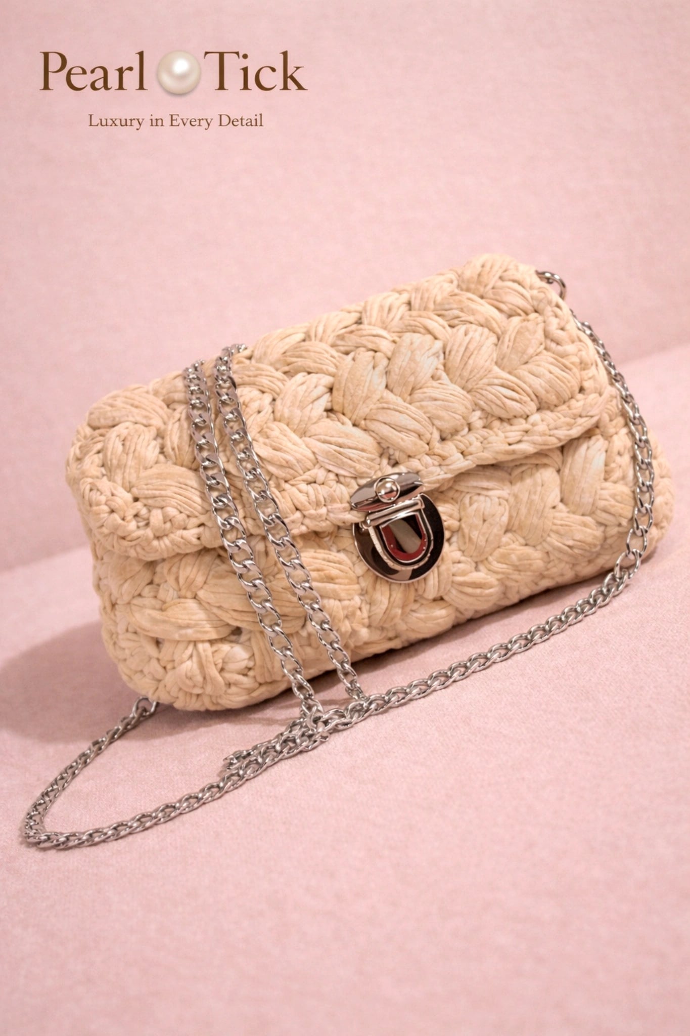 Woven handbag with chain detail on a pink background, featuring the brand 'Pearl Tick'.