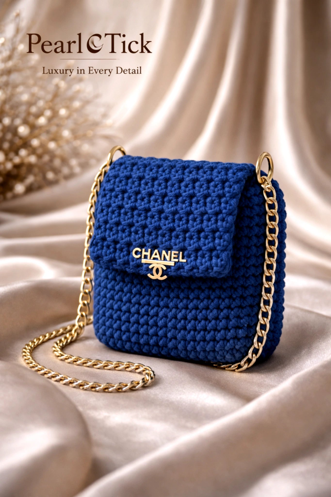 Borsa blu con catena dorata e logo Chanel su fondo in tessuto beige