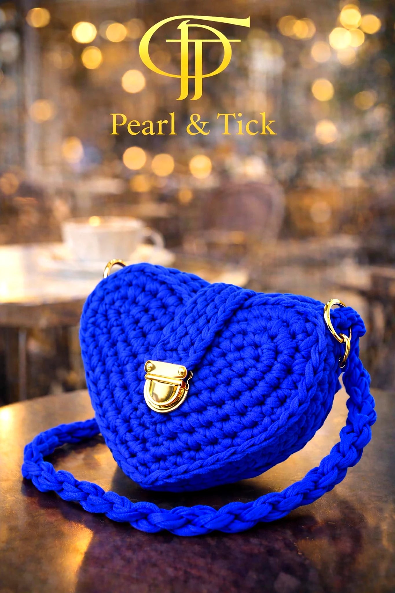 Borsa intrecciata blu con chiusura dorata su una superficie riflettente, sfondo sfocato con il marchio 'Pearl & Tick'.