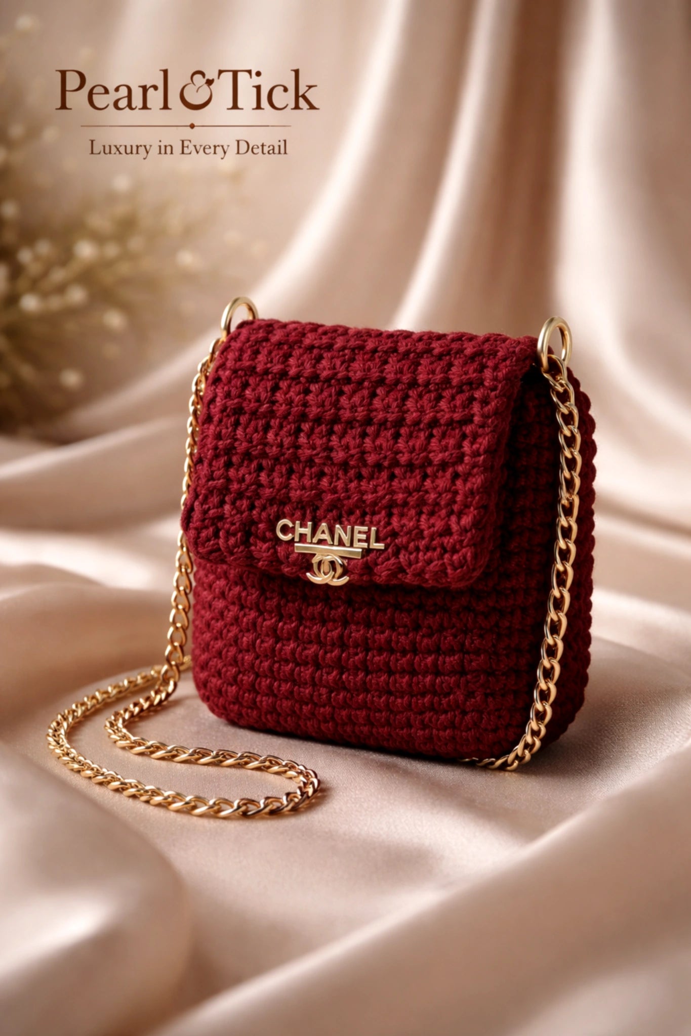 Borsa rossa con catena dorata e logo Chanel su fondo in tessuto beige, firmata dal marchio «Pearl & Tick».