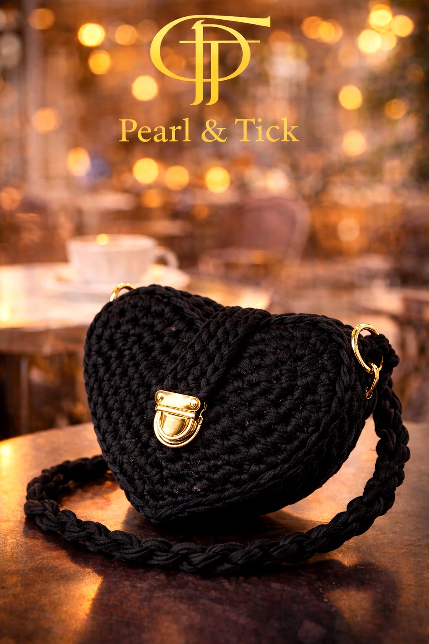 Borsa a maglia nera a forma di cuore con chiusura dorata su uno sfondo sfocato con il marchio 'Pearl & Tick'.