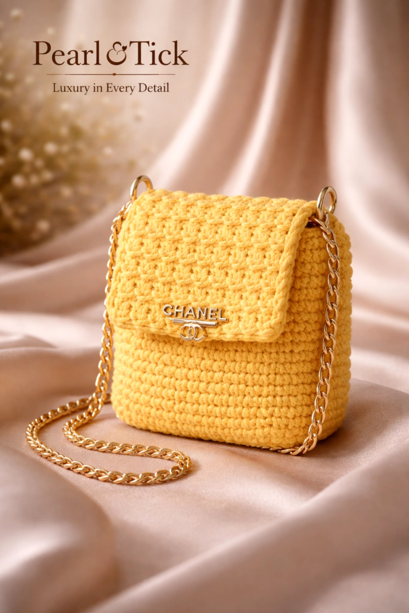 Borsa a mano gialla lavorata all'uncinetto con catena dorata su fondo di raso, con il logo Chanel.