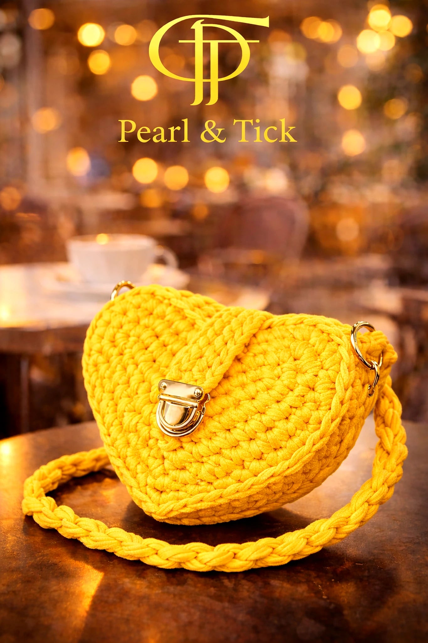 Borsa a maglia gialla con chiusura dorata su una superficie di legno, sfondo sfocato con il marchio 'Pearl & Tick'.