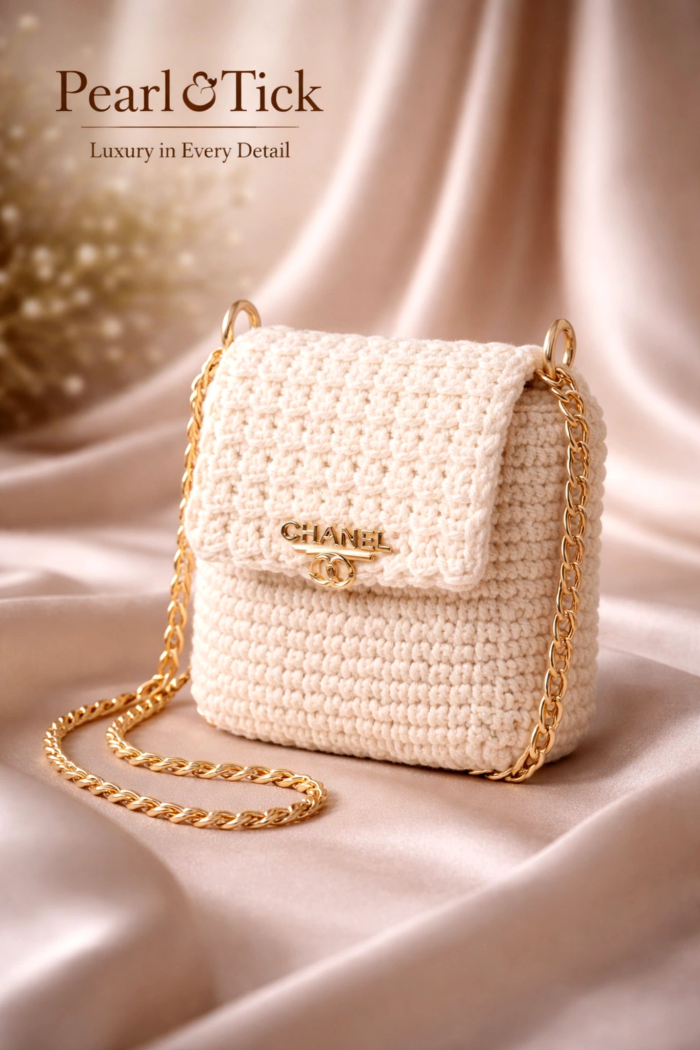 Borsa Pearl & Tick con catena dorata su sfondo in tessuto morbido