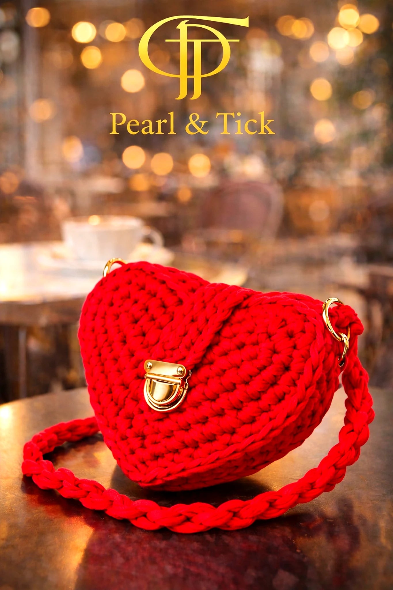 Borsa rossa a forma di cuore con chiusura dorata su uno sfondo sfocato con il marchio 'Pearl & Tick'.