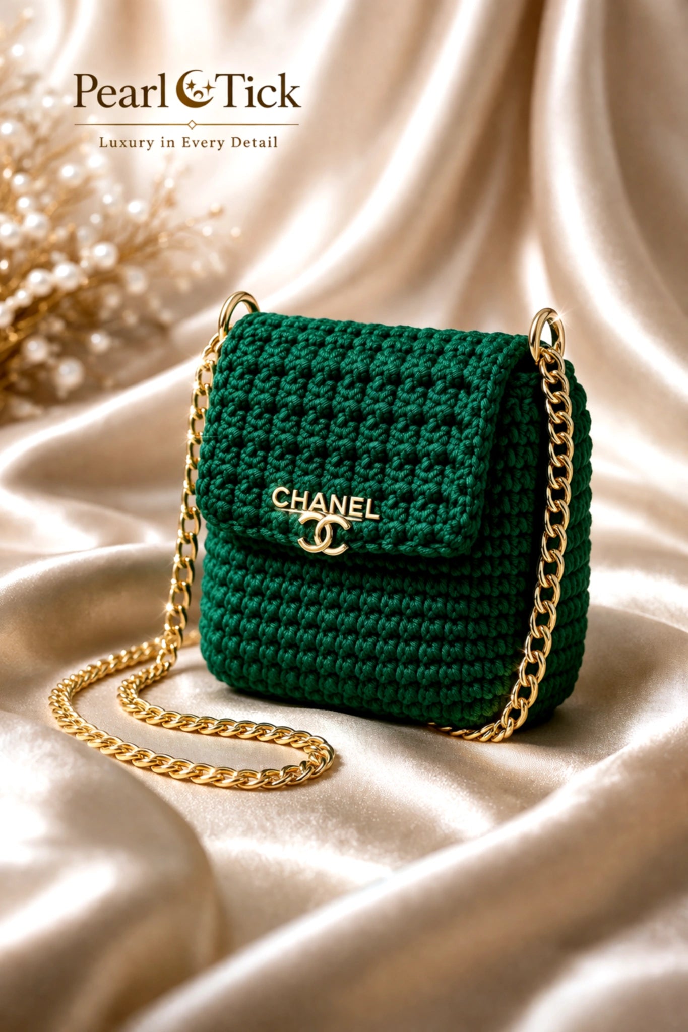 Borsa a mano verde lavorata all'uncinetto con catena dorata e logo Chanel su fondo in tessuto beige, con marchio Pearl & Tick.