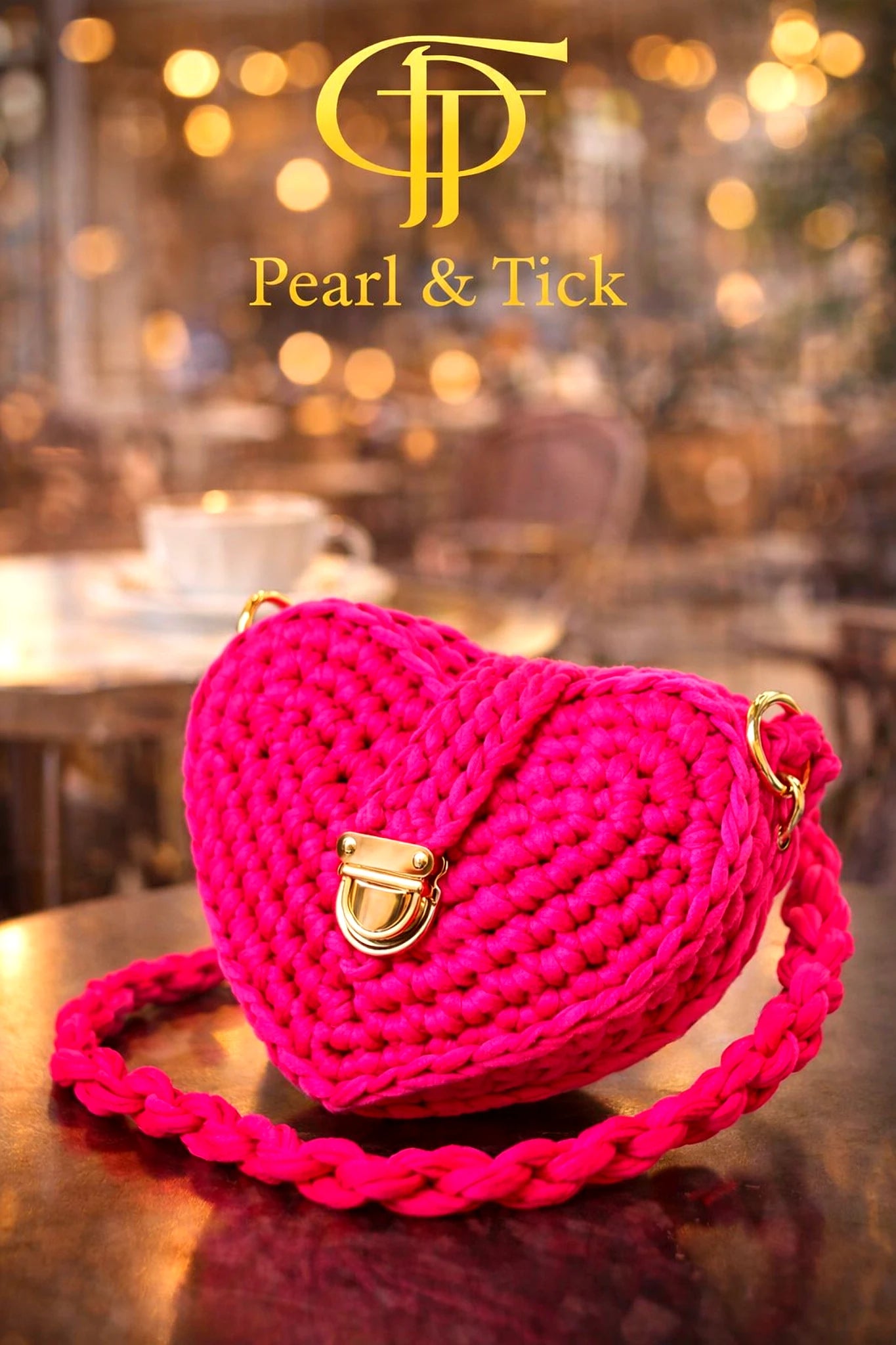 Borsa rosa a forma di cuore con chiusura dorata su uno sfondo sfocato di un ristorante, con il marchio 'Pearl & Tick'.