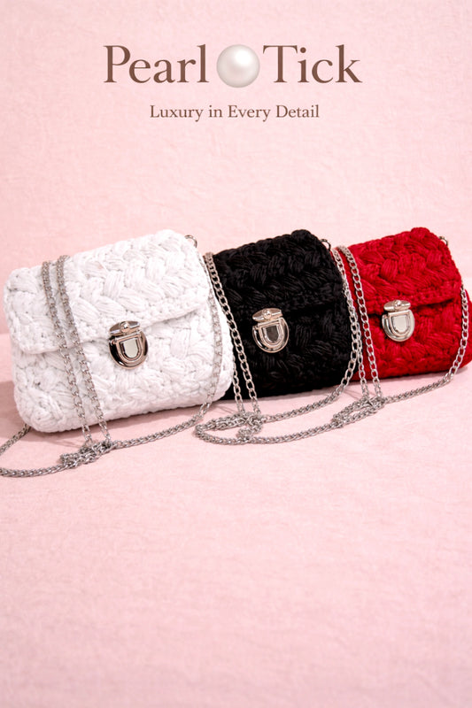 Three handbags in white, black, and red on a pink background with 'Pearl Tick' branding.