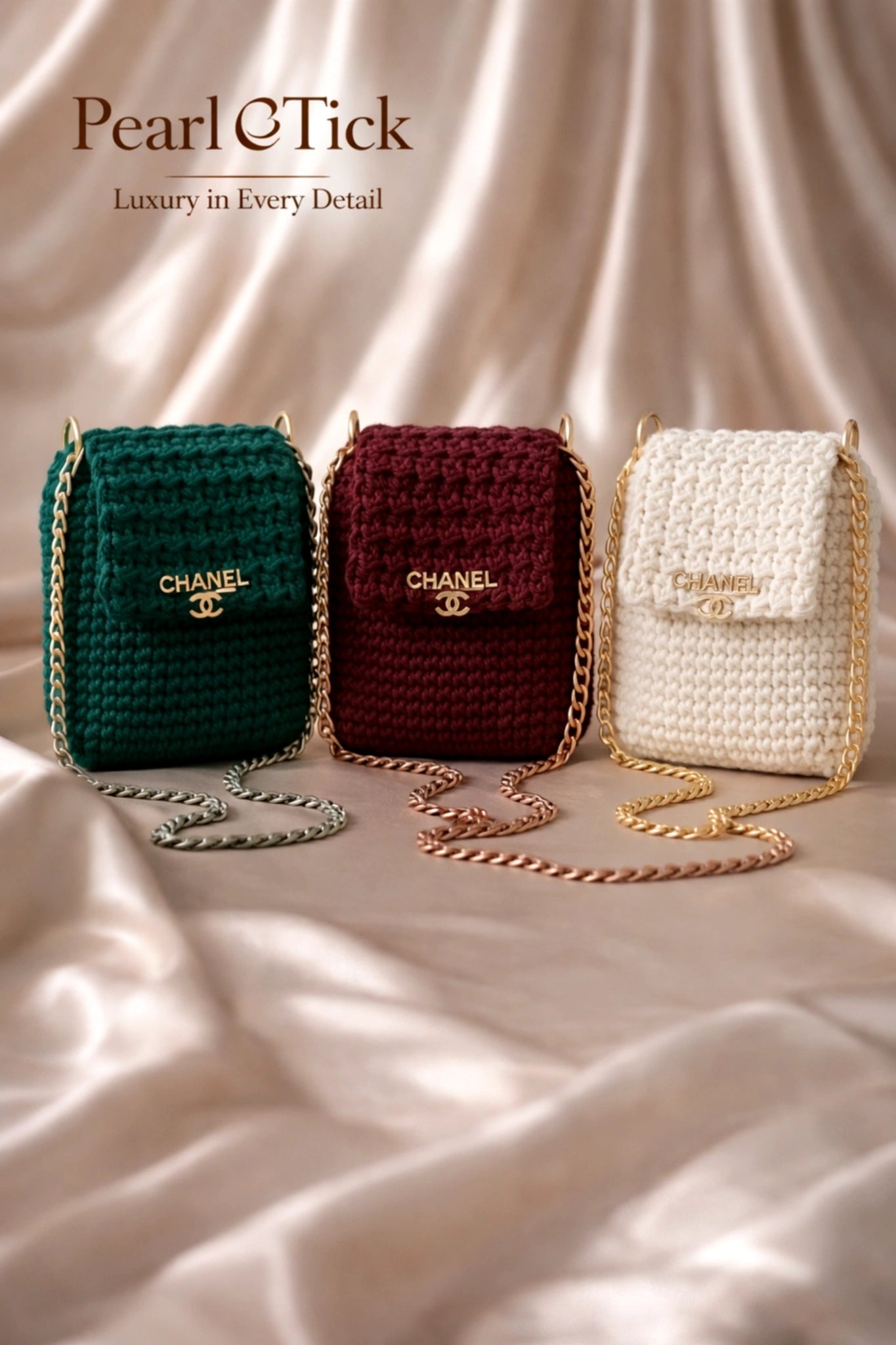 Tre borse Chanel nei colori verde, rosso e bianco su uno sfondo in tessuto a trama con il marchio "Pearl Tick".