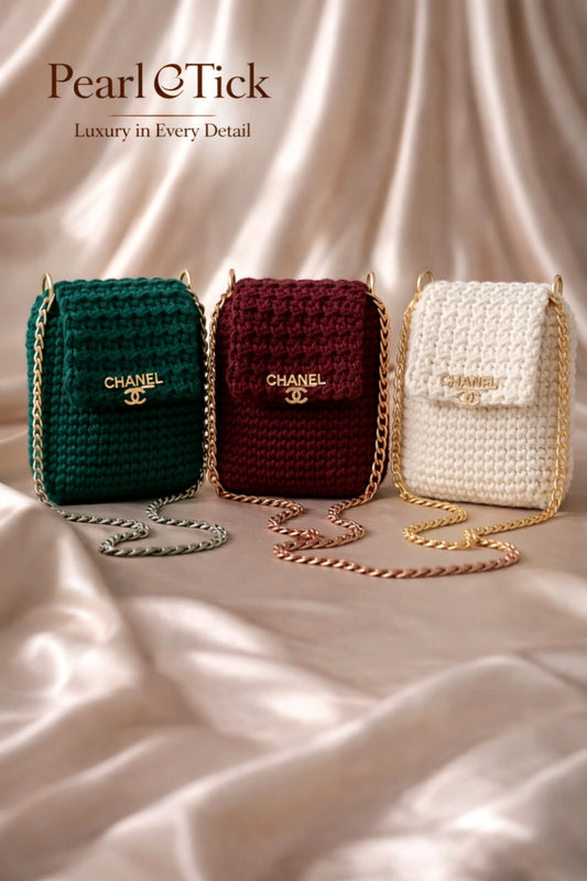 Tre borse Chanel nei colori verde, rosso e bianco su uno sfondo in tessuto a trama con il marchio "Pearl Tick".