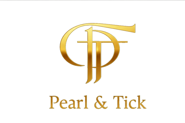 Gold logo with 'PF' and text 'Pearl & Tick' on a white background