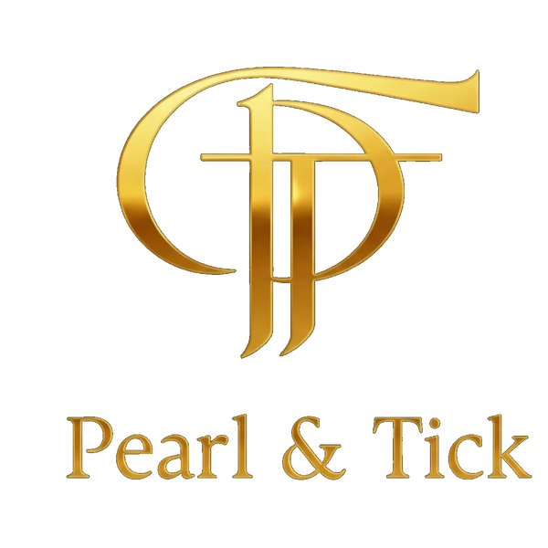 Gold logo with 'PF' and text 'Pearl & Tick' on a white background