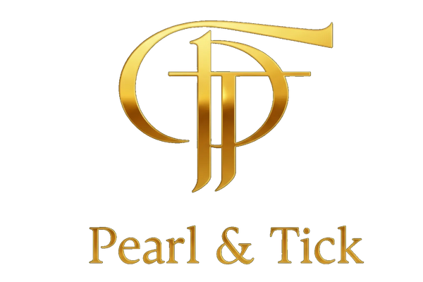 Gold logo with 'PF' and text 'Pearl & Tick' on a white background