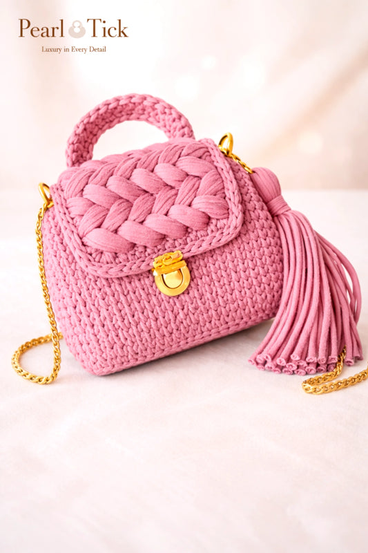 Pink woven handbag with a tassel and gold chain on a light pink background, featuring the brand 'Pearl & Tick'.