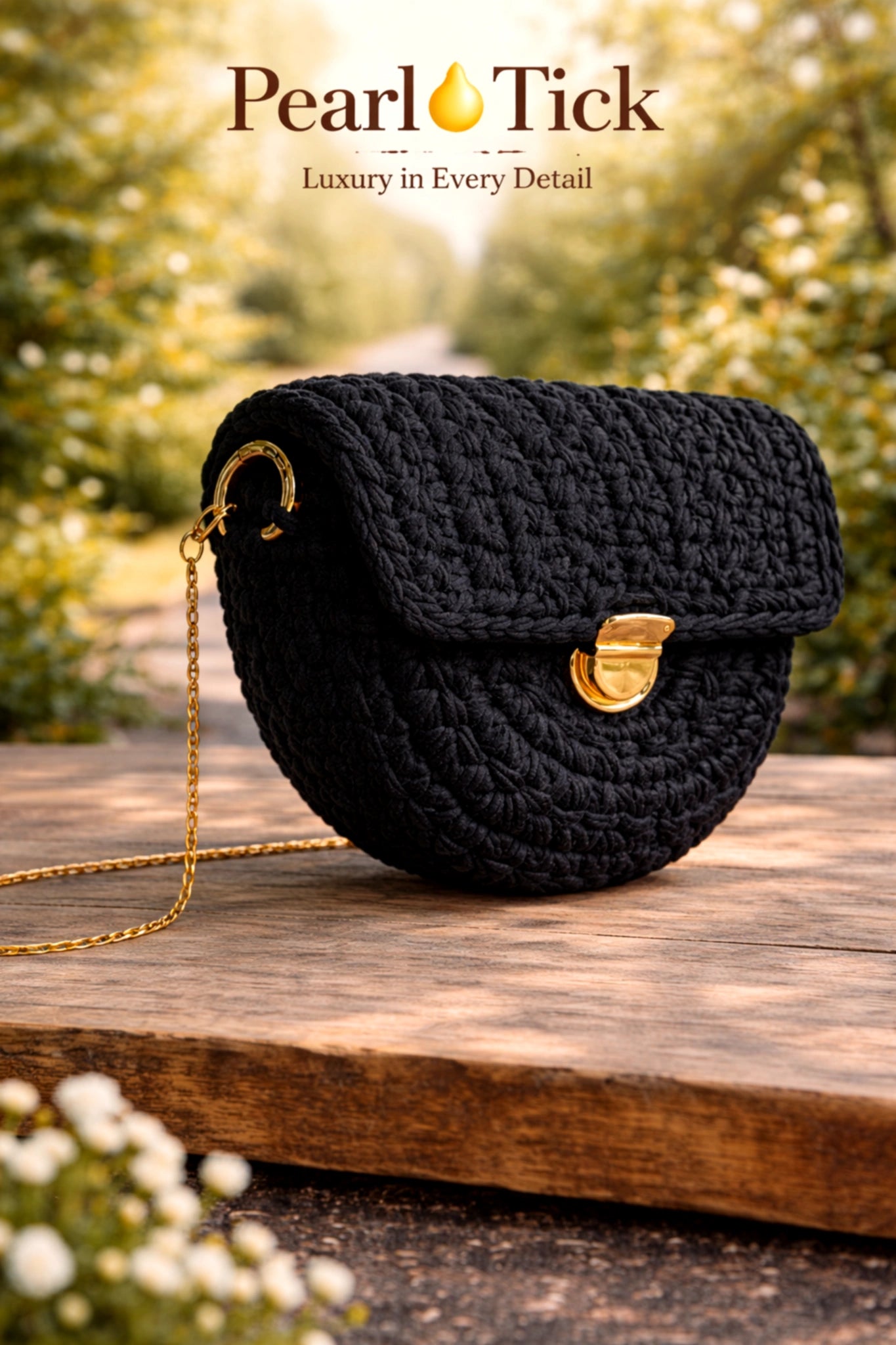 Black crochet handbag with gold accents on a wooden surface, blurred greenery in the background.