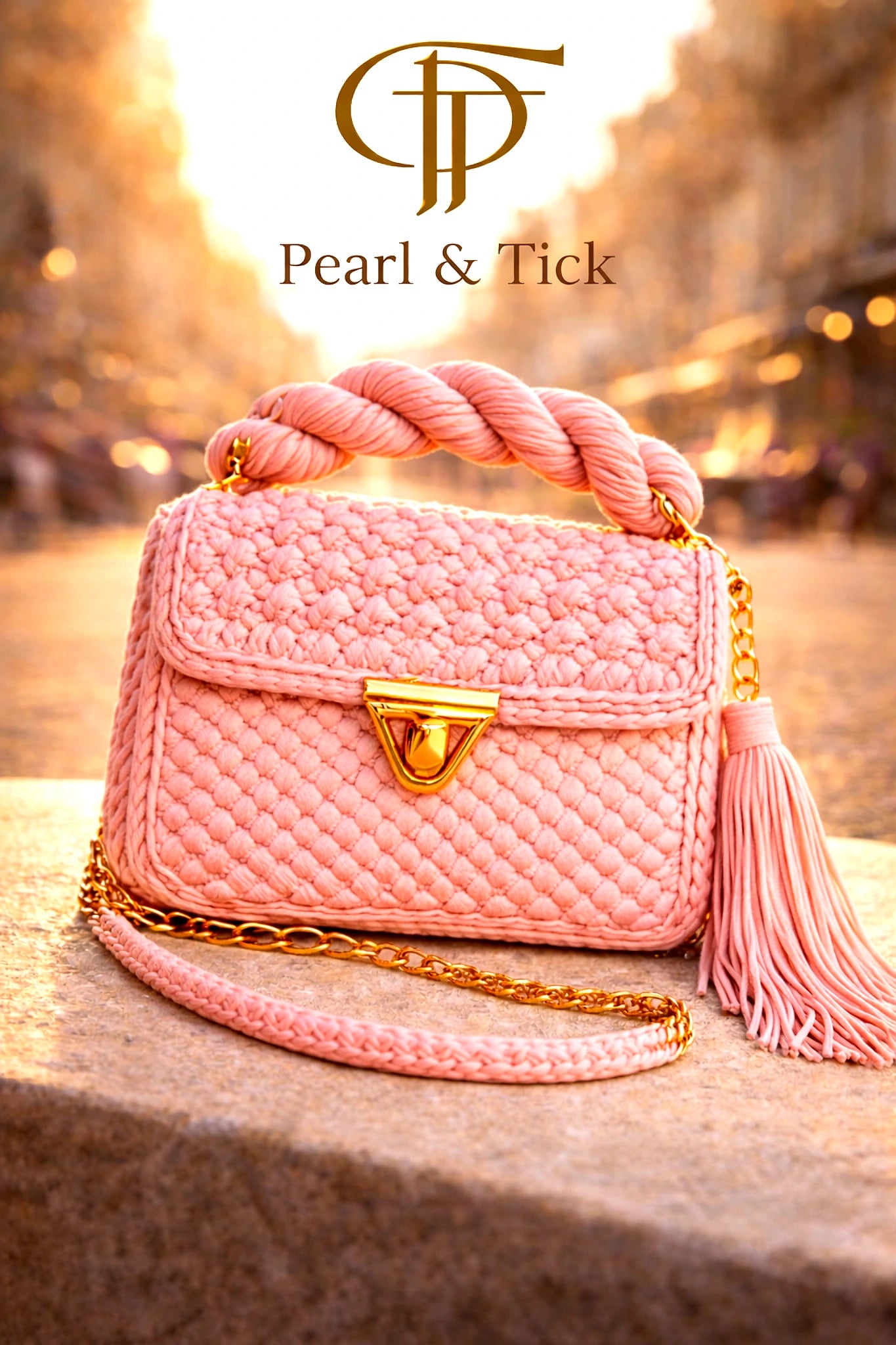 Pink textured handbag with gold chain and tassel on a blurred city street background, featuring the brand 'Pearl & Tick'.