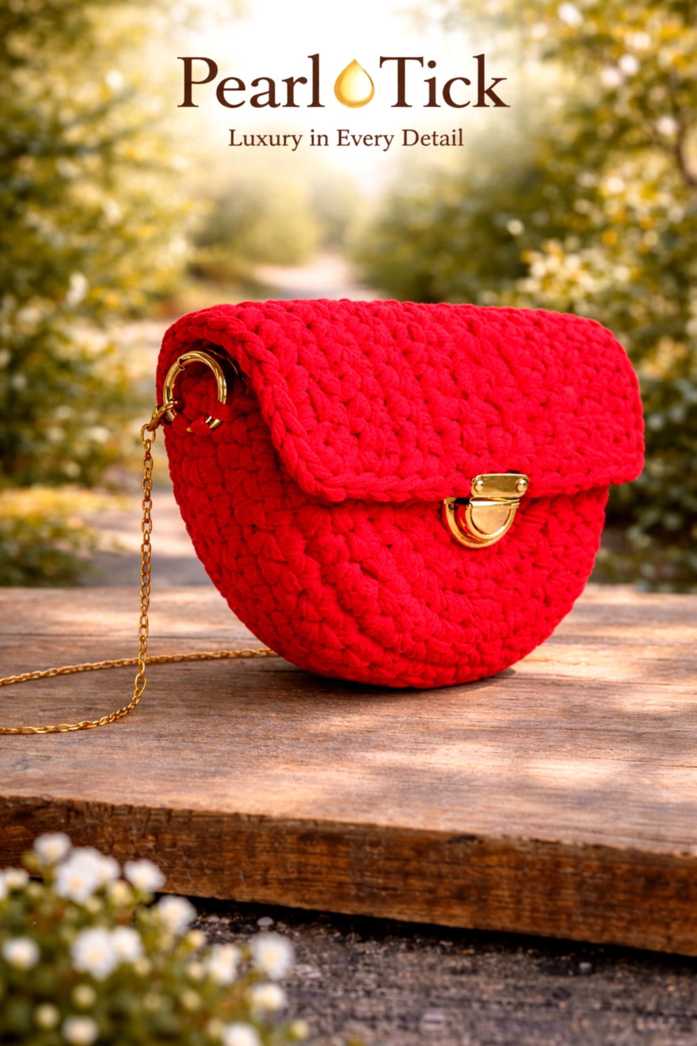 Red textured handbag with gold chain on a wooden surface, blurred greenery in the background.